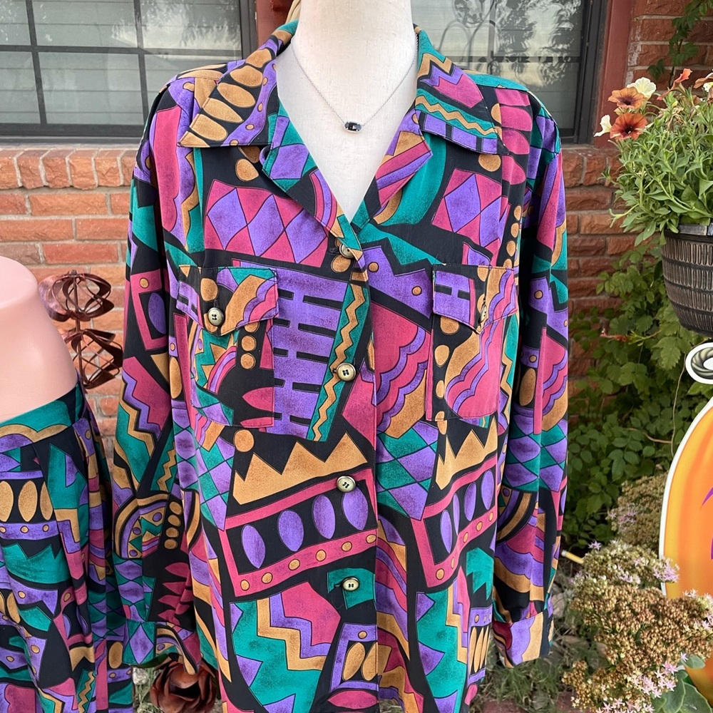 Lilli Ann Collections ~ Large~ USA Union Made  Purple/Black ~ Geometric ~ Dress - Picture 8 of 16